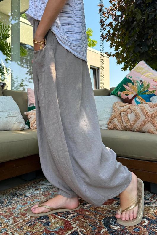 Sandbar Linen Blend Bloom Barrel Pant Mocha Due approx 1 week